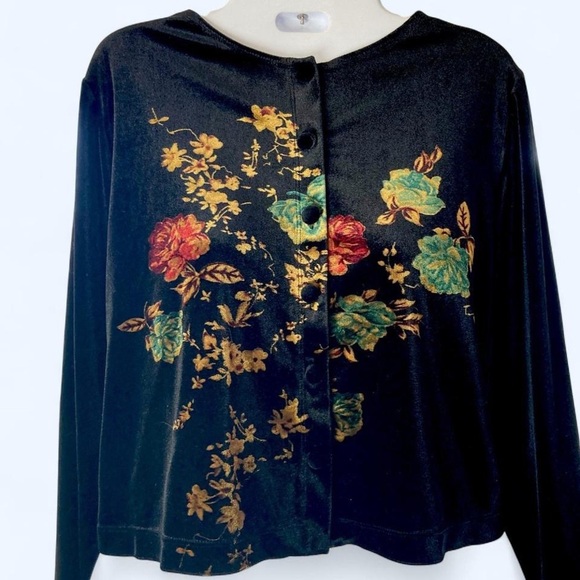 Carole Little Black velvet floral cardigan with long sleeves and button-front - Picture 1 of 4